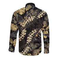 Gold Tropical Leaves Hawaii Mikioi Lei Long Sleeve Button Shirt Luxury Stylized - Polynesian Pride