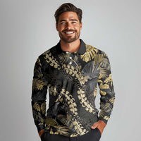 Gold Tropical Leaves Hawaii Mikioi Lei Long Sleeve Polo Shirt Luxury Stylized - Polynesian Pride