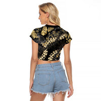 Gold Tropical Leaves Hawaii Mikioi Lei Raglan Cropped T Shirt Luxury Stylized - Polynesian Pride