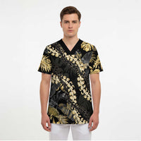 Gold Tropical Leaves Hawaii Mikioi Lei Scrub Top Luxury Stylized - Polynesian Pride
