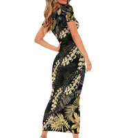 Gold Tropical Leaves Hawaii Mikioi Lei Short Sleeve Bodycon Dress Luxury Stylized - Polynesian Pride