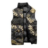 Gold Tropical Leaves Hawaii Mikioi Lei Sleeveless Puffer Jacket Luxury Stylized - Polynesian Pride