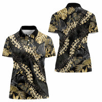 Gold Tropical Leaves Hawaii Mikioi Lei Women Polo Shirt Luxury Stylized - Polynesian Pride