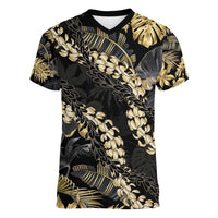 Gold Tropical Leaves Hawaii Mikioi Lei Women V-Neck T-Shirt Luxury Stylized - Polynesian Pride