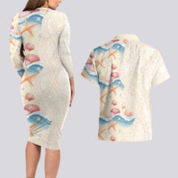 Beige Hawaii Lei Seashells Starfish Couples Matching Long Sleeve Bodycon Dress and Hawaiian Shirt Sandy Sylized - Polynesian Pride