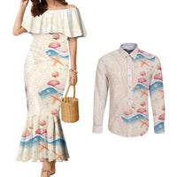 Beige Hawaii Lei Seashells Starfish Couples Matching Mermaid Dress and Long Sleeve Button Shirt Sandy Sylized - Polynesian Pride