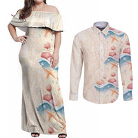 Beige Hawaii Lei Seashells Starfish Couples Matching Off Shoulder Maxi Dress and Long Sleeve Button Shirt Sandy Sylized - Polynesian Pride