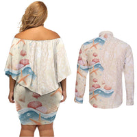 Beige Hawaii Lei Seashells Starfish Couples Matching Off Shoulder Short Dress and Long Sleeve Button Shirt Sandy Sylized - Polynesian Pride
