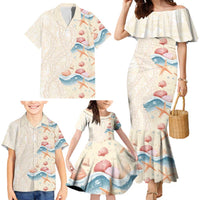 Beige Hawaii Lei Seashells Starfish Family Matching Mermaid Dress and Hawaiian Shirt Sandy Sylized - Polynesian Pride