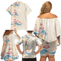 Beige Hawaii Lei Seashells Starfish Family Matching Off Shoulder Short Dress and Hawaiian Shirt Sandy Sylized - Polynesian Pride