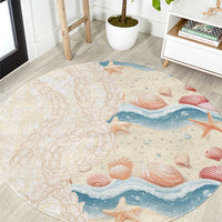Beige Hawaii Lei Seashells Starfish Round Carpet Sandy Sylized LT01 Beige - Polynesian Pride
