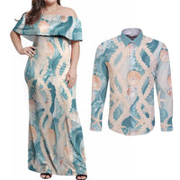 Hawaii Lei Seashells Starfish Couples Matching Off Shoulder Maxi Dress and Long Sleeve Button Shirt Fresh Summer Vibe - Polynesian Pride
