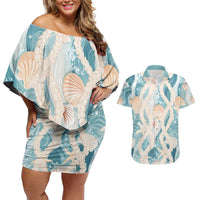 Hawaii Lei Seashells Starfish Couples Matching Off Shoulder Short Dress and Hawaiian Shirt Fresh Summer Vibe - Polynesian Pride