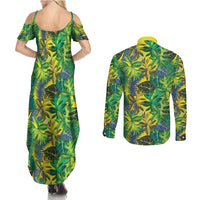 Hawaii Summer Tropical Leaves Couples Matching Summer Maxi Dress and Long Sleeve Button Shirt - Polynesian Pride