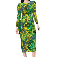 Hawaii Summer Tropical Leaves Long Sleeve Bodycon Dress LT01 Long Dress Yellow - Polynesian Pride