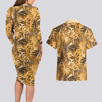 Hawaii Gold Tropical Leaves Couples Matching Long Sleeve Bodycon Dress and Hawaiian Shirt - Polynesian Pride