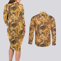 Hawaii Gold Tropical Leaves Couples Matching Long Sleeve Bodycon Dress and Long Sleeve Button Shirt - Polynesian Pride