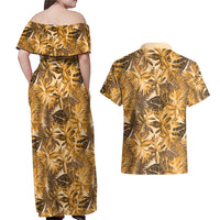 Hawaii Gold Tropical Leaves Couples Matching Off Shoulder Maxi Dress and Hawaiian Shirt - Polynesian Pride