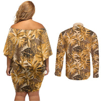 Hawaii Gold Tropical Leaves Couples Matching Off Shoulder Short Dress and Long Sleeve Button Shirt - Polynesian Pride