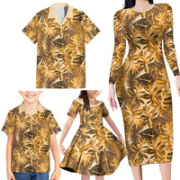Hawaii Gold Tropical Leaves Family Matching Long Sleeve Bodycon Dress and Hawaiian Shirt - Polynesian Pride