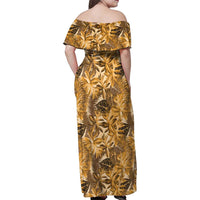 Hawaii Gold Tropical Leaves Family Matching Off Shoulder Maxi Dress and Hawaiian Shirt - Polynesian Pride