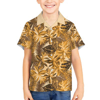 Hawaii Gold Tropical Leaves Family Matching Short Sleeve Bodycon Dress and Hawaiian Shirt - Polynesian Pride