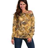 Hawaii Gold Tropical Leaves Off Shoulder Sweater - Polynesian Pride
