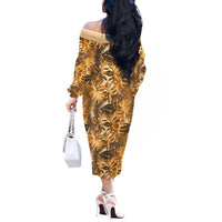 Hawaii Gold Tropical Leaves Off The Shoulder Long Sleeve Dress - Polynesian Pride