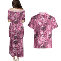 Hawaii Pink Tropical Leaves Couples Matching Puletasi and Hawaiian Shirt - Polynesian Pride