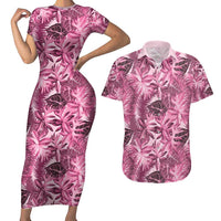 Hawaii Pink Tropical Leaves Couples Matching Short Sleeve Bodycon Dress and Hawaiian Shirt - Polynesian Pride