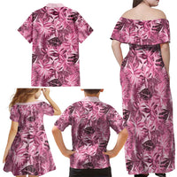 Hawaii Pink Tropical Leaves Family Matching Off Shoulder Maxi Dress and Hawaiian Shirt - Polynesian Pride