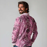 Hawaii Pink Tropical Leaves Long Sleeve Polo Shirt - Polynesian Pride