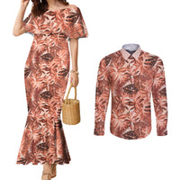 Hawaii Red Brown Tropical Leaves Couples Matching Mermaid Dress and Long Sleeve Button Shirt - Polynesian Pride