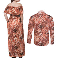 Hawaii Red Brown Tropical Leaves Couples Matching Off Shoulder Maxi Dress and Long Sleeve Button Shirt - Polynesian Pride
