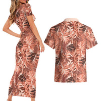 Hawaii Red Brown Tropical Leaves Couples Matching Short Sleeve Bodycon Dress and Hawaiian Shirt - Polynesian Pride