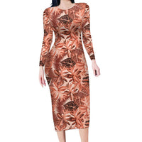 Hawaii Red Brown Tropical Leaves Long Sleeve Bodycon Dress LT01 Long Dress Brown - Polynesian Pride