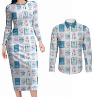 Hawaii Coastal Summer Postcard Couples Matching Long Sleeve Bodycon Dress and Long Sleeve Button Shirt
