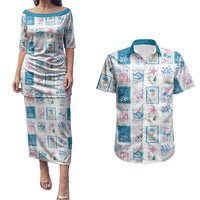 Hawaii Coastal Summer Postcard Couples Matching Puletasi and Hawaiian Shirt