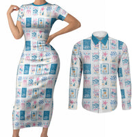 Hawaii Coastal Summer Postcard Couples Matching Short Sleeve Bodycon Dress and Long Sleeve Button Shirt