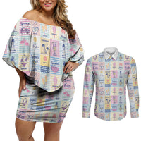 Aloha Summer Posters Grunge Textures Couples Matching Off Shoulder Short Dress and Long Sleeve Button Shirt