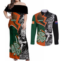 New Zealand and Ireland Rugby Couples Matching Off Shoulder Maxi Dress and Long Sleeve Button Shirts Silver Fern With Shamrock 2023 World Cup LT01 Art - Polynesian Pride