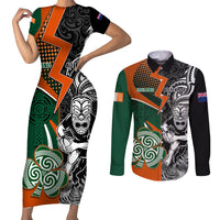 New Zealand and Ireland Rugby Couples Matching Short Sleeve Bodycon Dress and Long Sleeve Button Shirts Silver Fern With Shamrock 2023 World Cup LT01 Art - Polynesian Pride