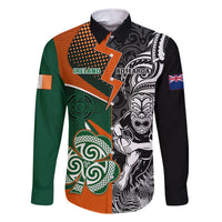 New Zealand and Ireland Rugby Family Matching Mermaid Dress and Hawaiian Shirt Silver Fern With Shamrock 2023 World Cup LT01 Dad's Shirt - Long Sleeve Art - Polynesian Pride