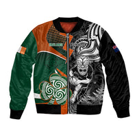 New Zealand and Ireland Rugby Sleeve Zip Bomber Jacket Silver Fern With Shamrock 2023 World Cup LT01 Unisex Art - Polynesian Pride