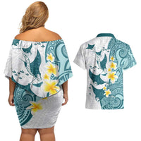 Maori Manta Ray Plumeria Teal Couples Matching Off Shoulder Short Dress and Hawaiian Shirt
