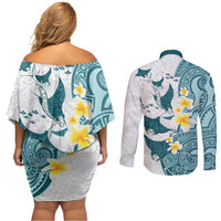 Maori Manta Ray Plumeria Teal Couples Matching Off Shoulder Short Dress and Long Sleeve Button Shirt