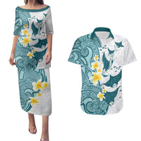 Maori Manta Ray Plumeria Teal Couples Matching Puletasi and Hawaiian Shirt