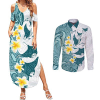 Maori Manta Ray Plumeria Teal Couples Matching Summer Maxi Dress and Long Sleeve Button Shirt