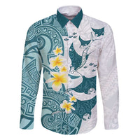 Maori Manta Ray Plumeria Teal Family Matching Summer Maxi Dress and Hawaiian Shirt