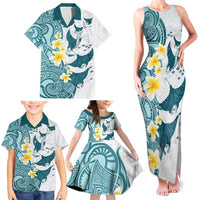 Maori Manta Ray Plumeria Teal Family Matching Tank Maxi Dress and Hawaiian Shirt LT01 - Polynesian Pride